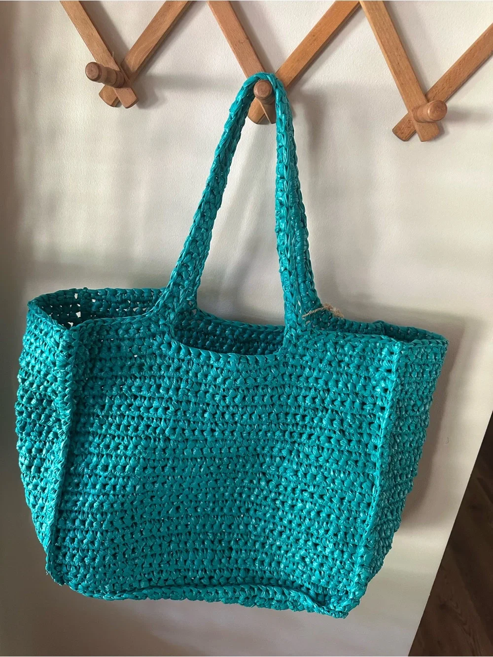 Handmade Woven Turquoise Market Tote Beach Pool Grocery Bag Durable Plastic - Picture 5 of 6